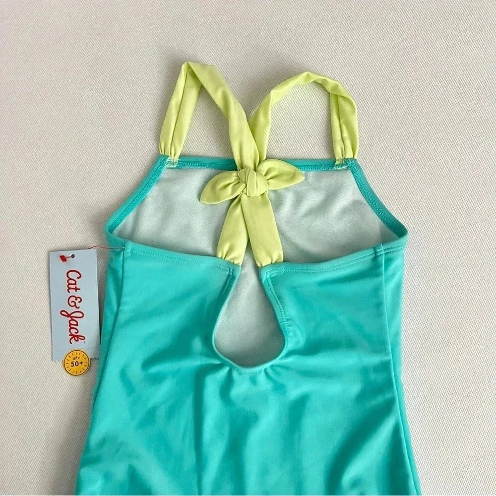 One Piece Swimsuit Cat & Jack Teal Lime Back Detail Size Small (6/6X6) UPF 50+